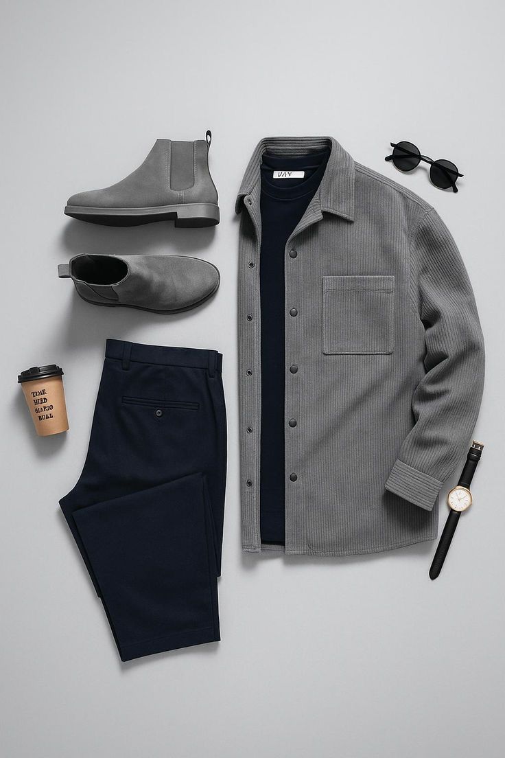 Premium Grey Corduroy Overshirt & Navy Essentials Set